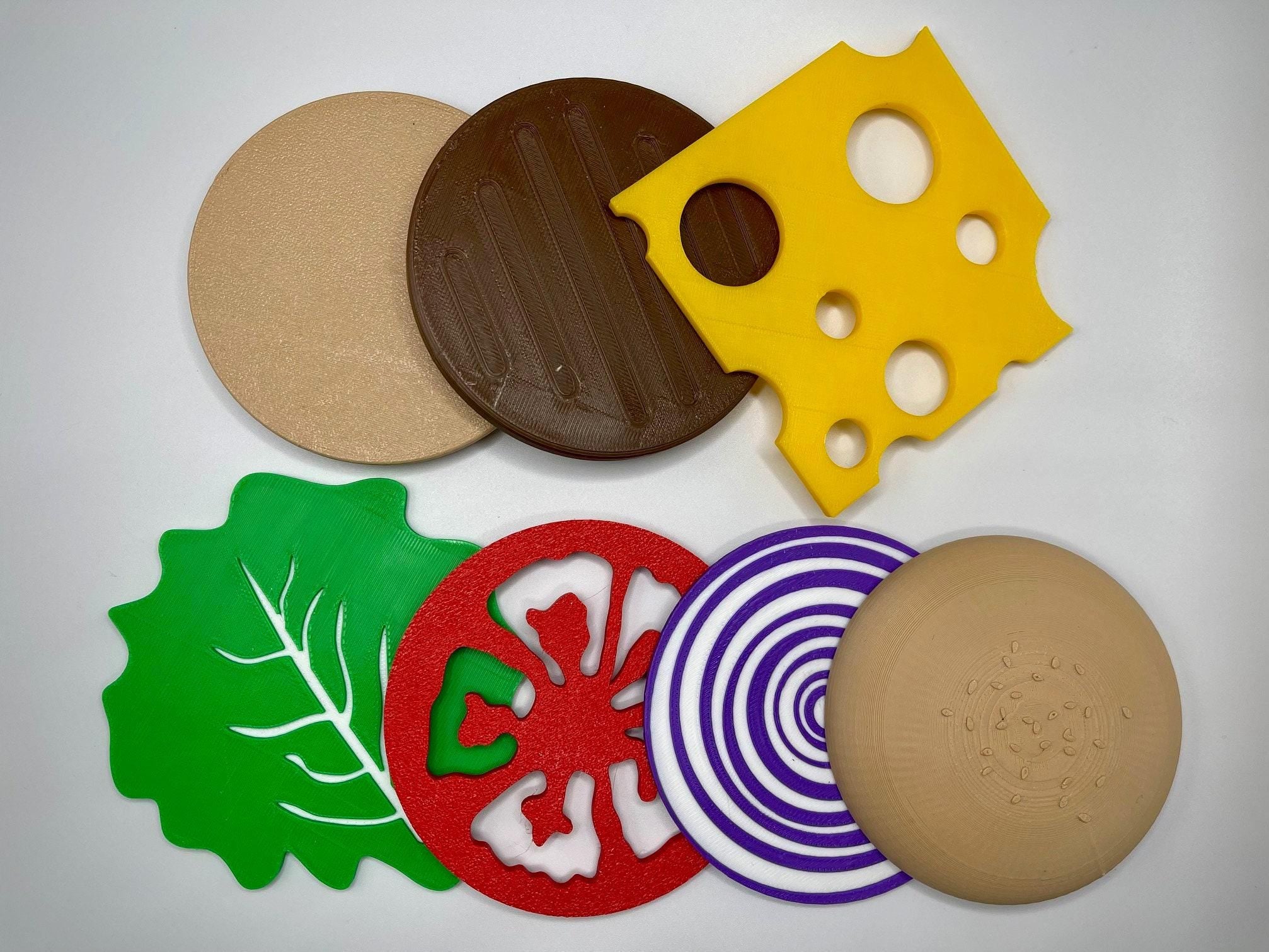 Cheeseburger Coaster Set, Layered Burger, 4In Diameter - Patty, Lettuce, Tomato, Onion, Cheese, Buns