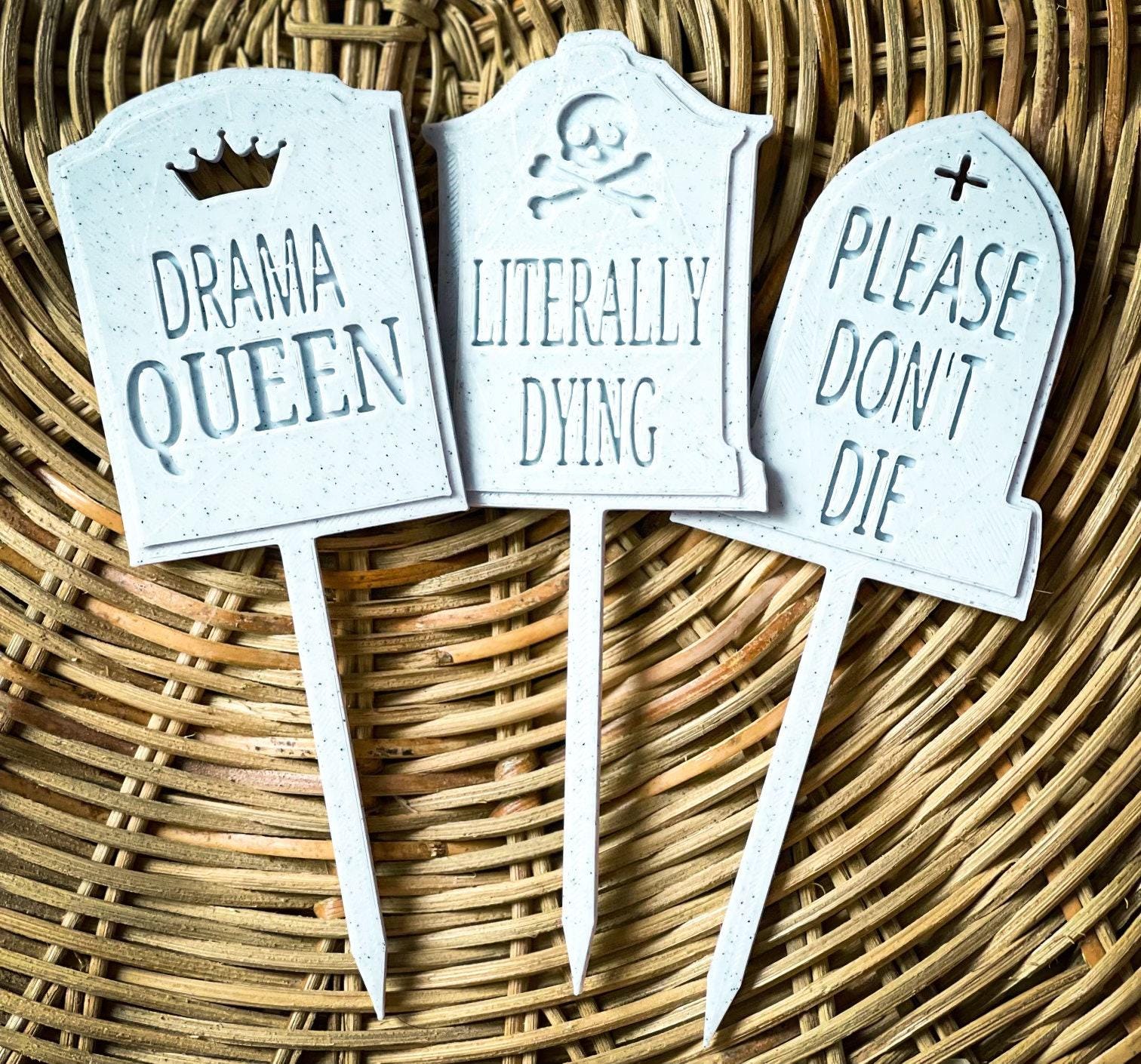 Funny Plant Stake, Set Of 3, Garden Pun Signs - 2X6In, Indoor Planter Markers, Memorial Tombstone Style