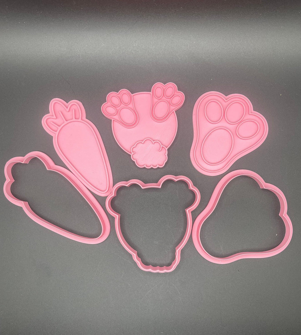 Bunny Cookie Cutter, Two-Piece Imprint Set | Food Safe PLA | Approx 3.5in Square, Butt/Foot/Carrot