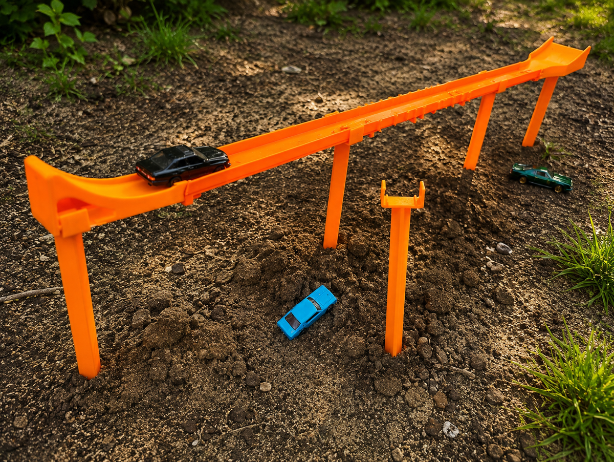 3D printed outdoor racetrack adventure kit with track supports and ramp